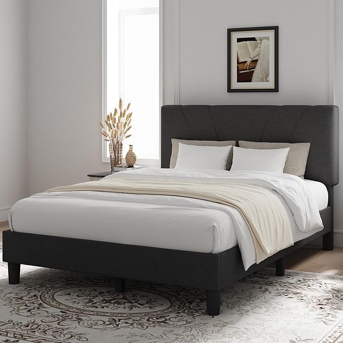 Novilla Full Size Bed Frame with Adjustable Headboard Platform Full Bed Frame with Linen Upholstered Headboard, No Box Spring Needed, Noise-Free, Easy Assembly, Dark Grey