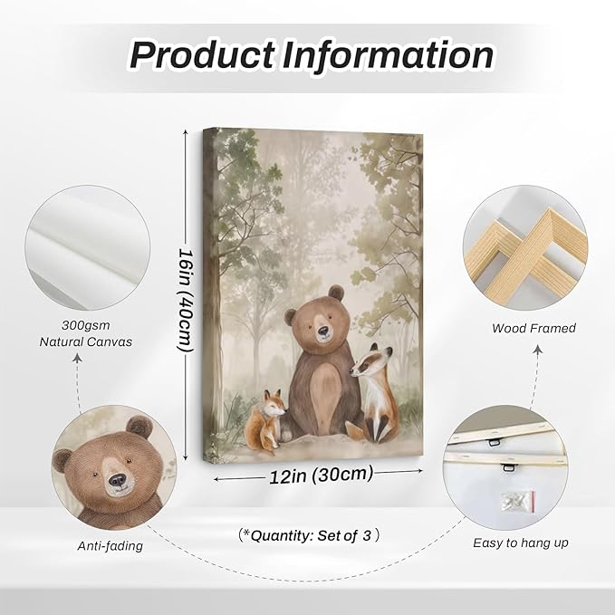 Woodland Nursery Wall Art Decor Animal Forest Canvas Prints Baby Boy Room Wall Decor Bear Nursery Nature Pictures Deer Prints Artwork for Boy Girl Kids Bedroom 12x16 Inch Wrapped Canvas Set of 3