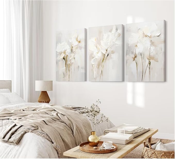 Neutral Wall Art Abstract Floral Canvas Pictures Beige Flower Wall Decor Modern Painting Minimalist Poster Abstract Botanical Prints White Artwork for Bedroom Living Room 16x24x3 Inch Ready to Hang