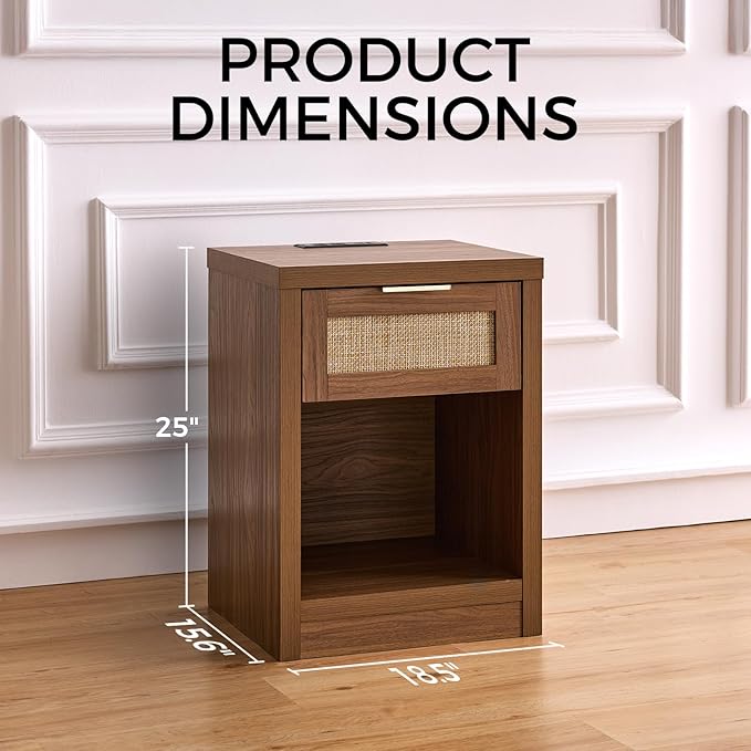 Walsham Night Stand Set 2, Rattan Nightstand with Charging Station, Modern End Table with Drawers, Bed Side Tables Set of 2 for Bedroom Living Room Sofa Couch Office (Special Walnut)