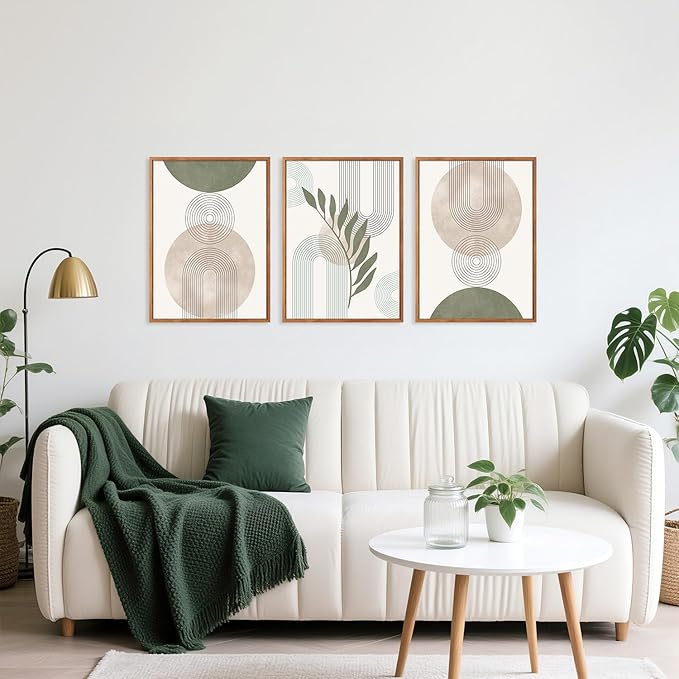 HPINUB Sage Green Boho Framed Canvas Wall Art Set, (Set of 3,12X16 Inch) Minimalist Beige Green Botanical Wall Decor, Abstract Geometric Line Leaf Painting for Living Room,Bedroom,Office Decor
