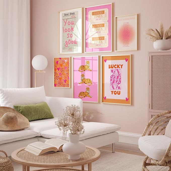 Preppy Wall Art Pink Orange Wall Decor Trendy Canvas Wall Art Aesthetic Pictures Girl Posters Inspirational Daily Affirmation Prints Lucky You Artwork Set of 6 for Dorm Room 12x16 Inch Unframed