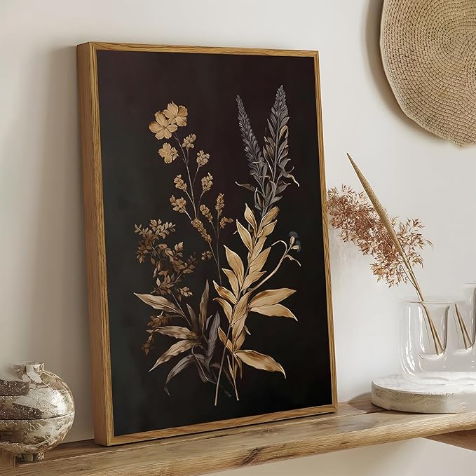 Yudinbin Vintage Dark Botanical Canvas Wall Art Set of 3 Moody Floral Prints with Wood Frame Dark Plant Academia Aesthetic Gallery Painting Wall Decor for Living Room Bedroom or Office 16x24 Inch