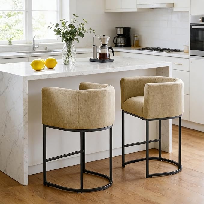 ClinQ 26" H Counter Height Bar Stools Set of 3, Modern Barrel Counter Stools with Backrest and Arms, Black Metal Frames, Linen Fabric Upholstered Accent Barstools for Kitchen Island, Camel