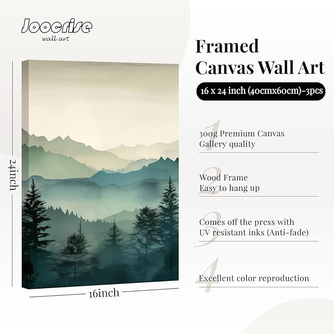 Mountain Wall Art Decor Set of 3 Sage Green Forest Canvas Wall Art Prints Nature Landscape Wall Decor Watercolor Pine Tree Pictures Abstract Modern Painting for Living Room Bedroom 16x24 Inch Framed