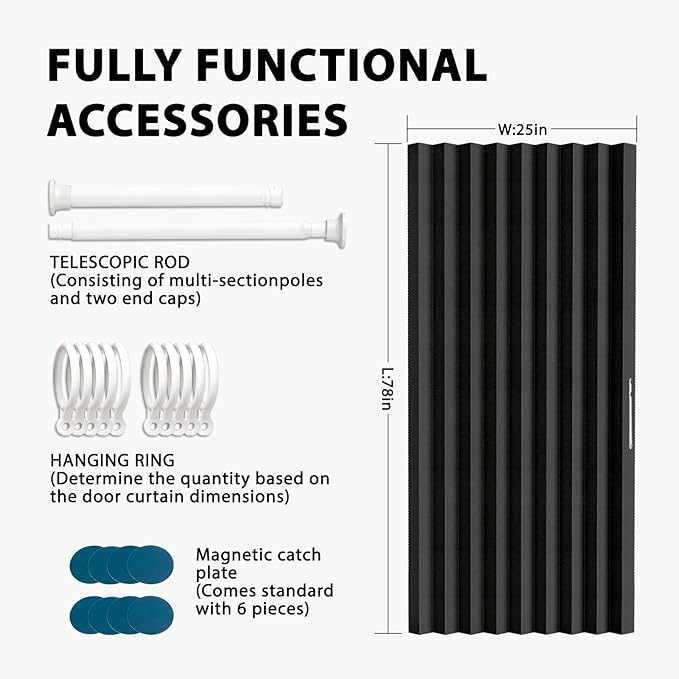 Jilron Accordion Door Curtain Set - 100% Blackout, with Curtain Rod Included, for Bedroom Privacy Protection (Black-43 W x 78" L+Rod)