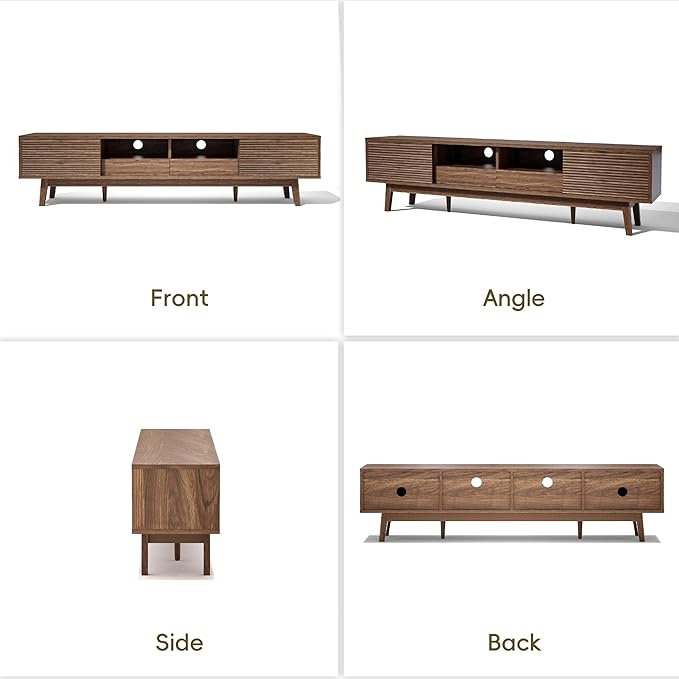 MU 70 Inch TV Stand for TVs up to 80 Inch, Mid Century Modern TV Console with Fluted Sliding Doors, Shelves & Drawers, Low Profile Entertainment Center for Living Room (Walnut, 70")