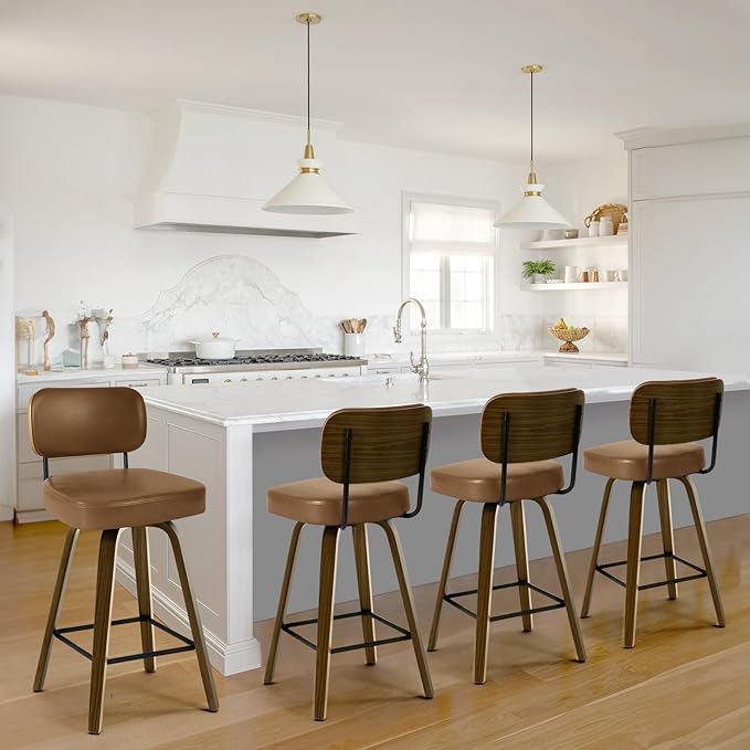 Bekrvio Swivel Bar Stools Set of 4, 29" Upholstered Faux Leather Barstools with Back and Bent Wood Legs, Mid Century Modern Bar Chair Island Stool for Kitchen Counter, Brown