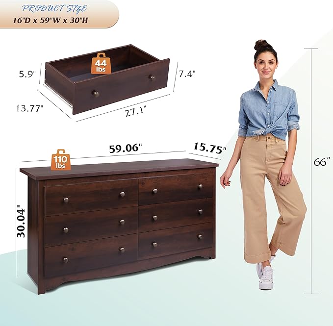 WLIVE Wooden Dresser for Bedroom, 6 Drawers Chest of Drawers, 59" Wide Modern Dresser Closet Storage Organizer for Living Room Hallway, Brown