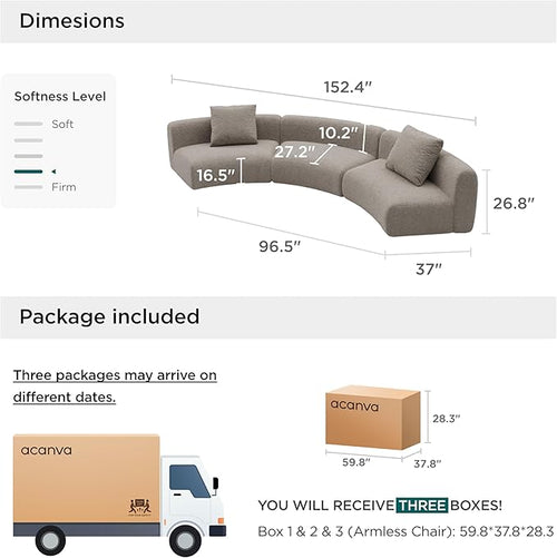 Acanva Modern Curved Sectional Living Room Couch, Minimalist Comfy Boucle Fabric Modular Sofa for Apartment, Home Office, 3-Piece Set (3 x Armless Chair), Light Coffee | Boucle Fabric, Modular, Minimalist, Comfy