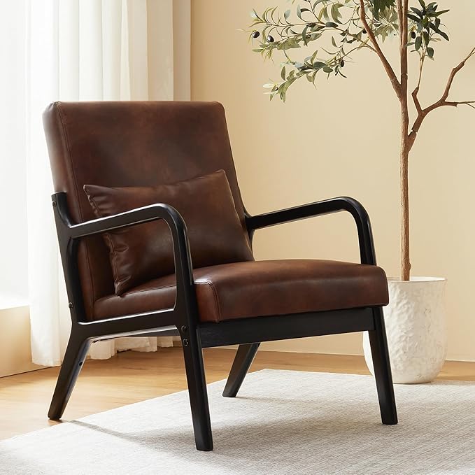 Achicsofar Accent Chair Mid Century Modern Armchair with Lumbar Support Pillow Wood Legs PU Leather Upholstered Lounge Chairs Comfy High Back Cushion for Living Room Bedroom
