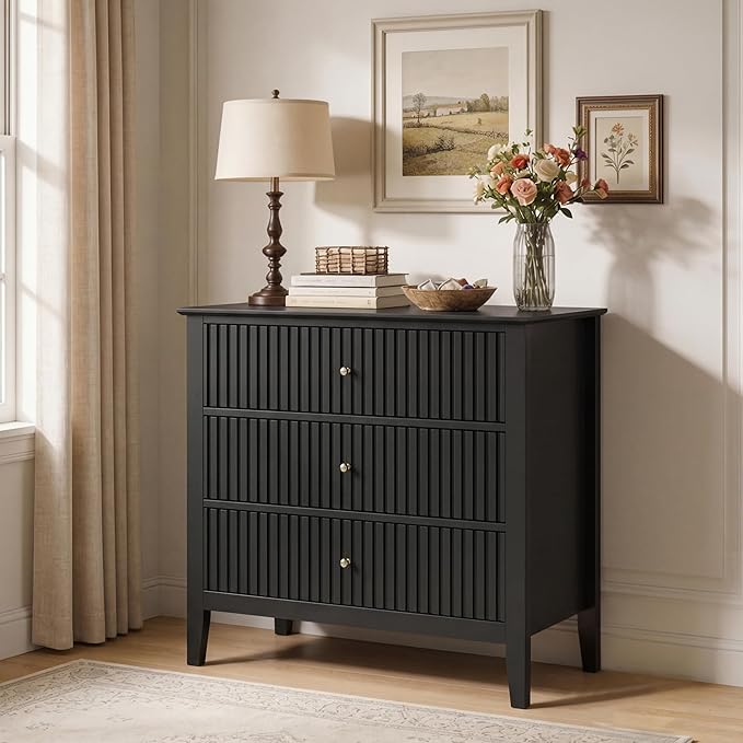 RoyalCraft Black Fluted 3 Drawer Dresser, 32 inch Wide Dresser Nightstand for Bedroom, Modern Wood Chest of Drawers, Large Painted Nightstand with 3 Drawers for Closet, Hallway, Entryway