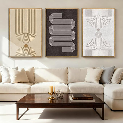 Anyzal Large Abstract Framed Wall Art 16x24 Inch Black Tan Neutral Canvas Wall Decor Modern Minimalist Geometric Line Artwork for Living Room Bedroom Set of 3