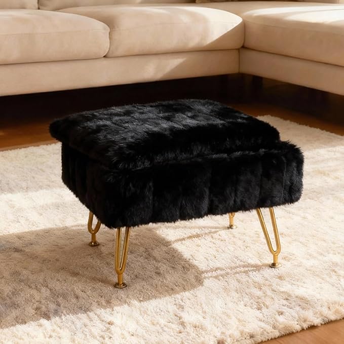 ACEQLYT® Small Foot Stool, Small Ottoman with Storage, Black Furry Footstool with Soft Padded Seat & Gold Metal Leg