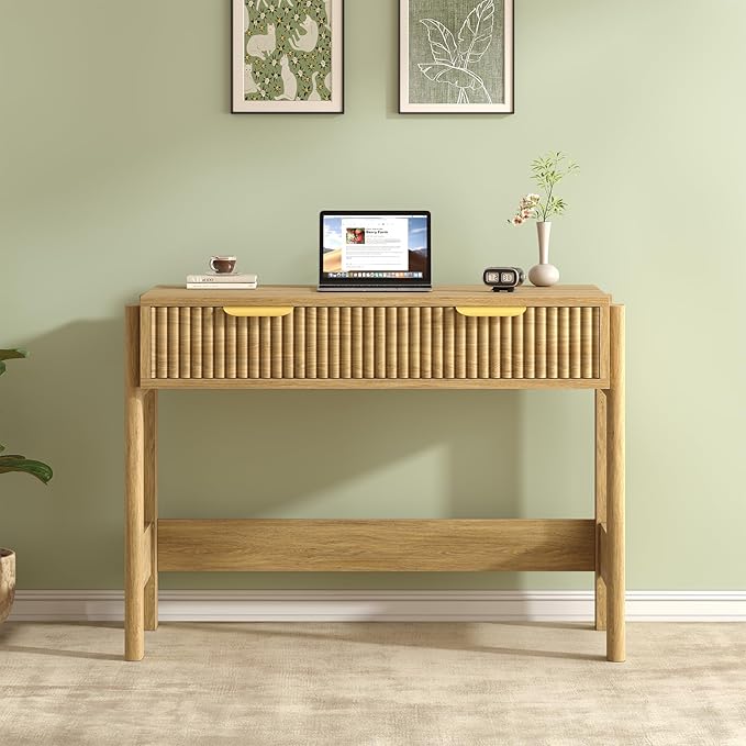 YOMILUVE 34 Inch Small Computer Desk with Drawer, Fluted Computer Desk with Storage, Wooden Desks Compact Writing Study Table for Small Spaces, Oak