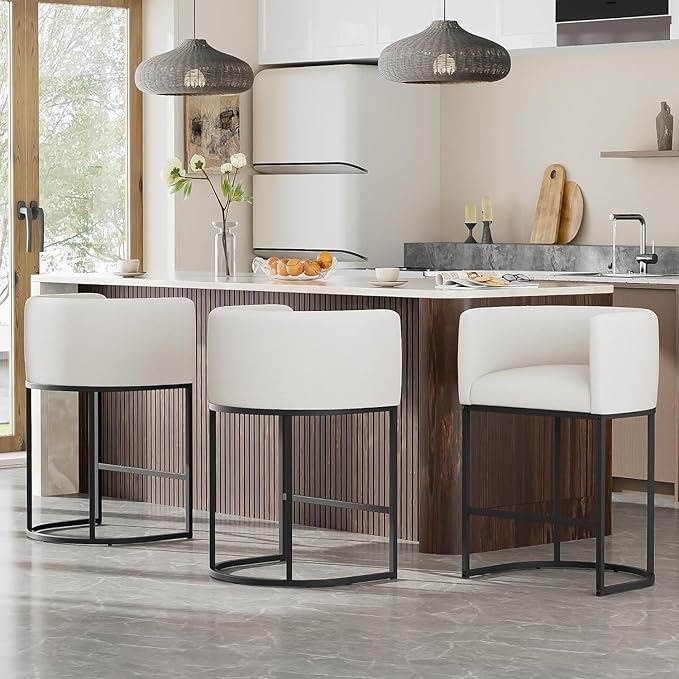 26" H Counter Height Bar Stools Set of 2, Modern Barrel Counter Stools with Backrest and Arms, Linen Fabric Upholstered Accent Barstools for Kitchen Island,Support 450 LBS (White)