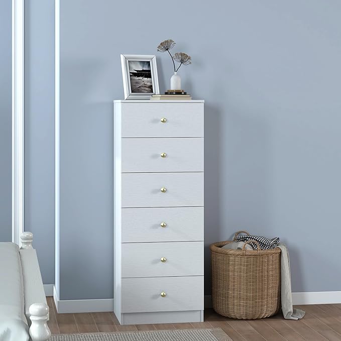 Panana Modern 6 Drawer Vertical Dresser, Wood Tall Chest of Drawers N Arrow Storage Organizer with Wide Drawers & Metal Gold Handles for Bedroom, Living Room, Office, Hallway, Entryway (White)