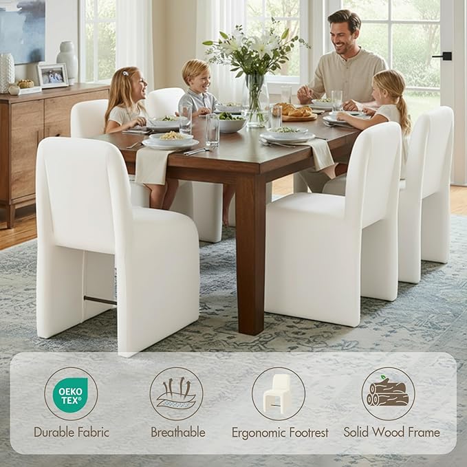 Hyfirm Upholstered Dining Chairs Set of 6, Modern Armless Desk Chair with Metal Footrest for Diningroom Bedroom Livingroom Reading Room,White Fabric