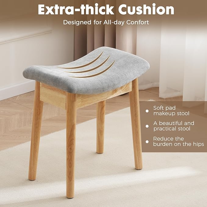 Square Linen Makeup Stool Small Ottoman Stool Chair for Vanity, Modern Padded Seat Foot Rest for Makeup Room, Bathroom (Classic-LightGray)
