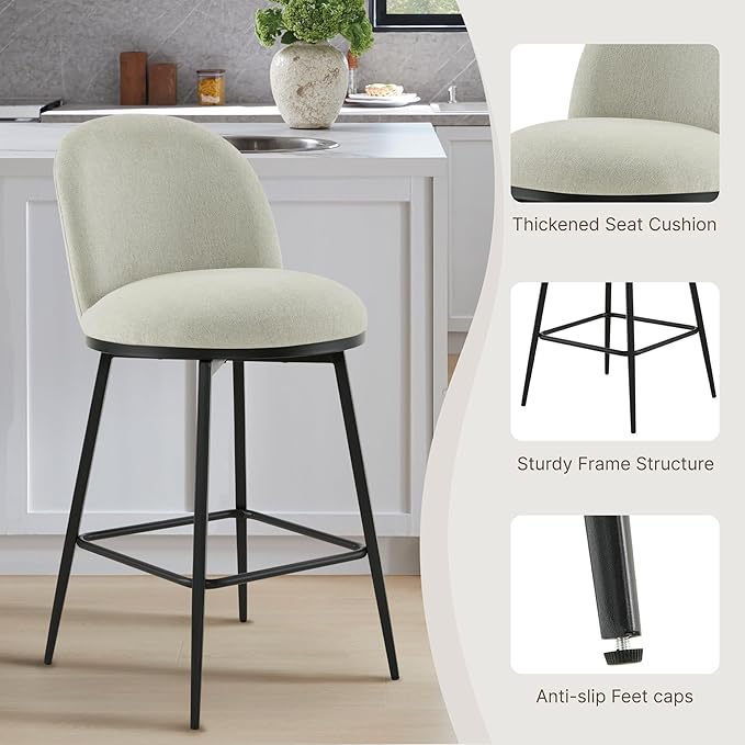 26" Counter Height Swivel Bar Stools Set of 4, Upholstered Linen Fabric Barstools with Backs and Metal Legs for Kitchen Island,Grey