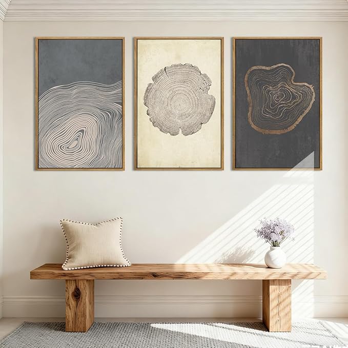 Anyzal Extra Large Neutral Tree Ring Framed Wall Art 24x36 Inch Modern Wood Ring Canvas Wall Decor Modern Minimalist Wood Artwork Set of 3 for Living Room Bedroom Dining Room
