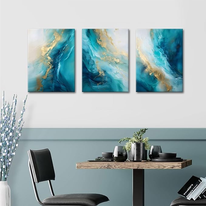 Teal Gold Canvas Wall Art Set of 3 Abstract Aqua Blue Gold Marble Fluid Wall Decor Pictures Neutral Modern Minimalist Posters Prints for Living Room Bedroom Home Decoration 16x24in