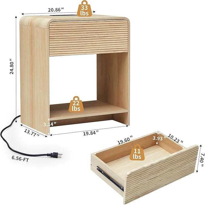 XUZENEST Fluted Nightstand with Charging Station, Mid Century Modern Bed Side Table End Table with Drawer Storage, Large Wooden Night Stands Bedside for Bedroom Living Room Sofa Office, Natural