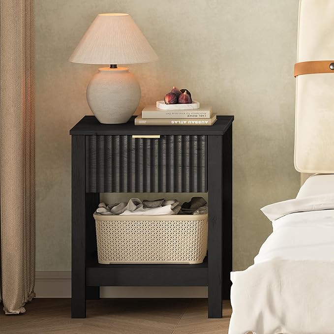 Fluted Night Stand with Golden Handle,Mid-Century Nightstands with Drawer,Modern Bedside Table with Storage Shelf,Large Wood End Tables for Livingroom,Bed Side Tables for Bedroom,Black