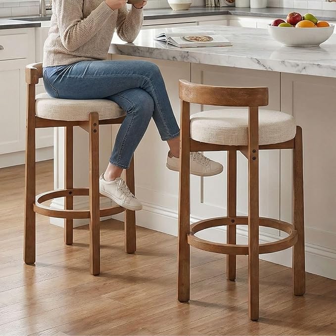 LukeAlon Mid Century Linen Bar Stools Set of 2, 30.25" Seat Height Upholstered Barstools with Wood Legs Modern Tall Bar Chair with Curved Low Back Round Footrest for Pub Home Kitchen Island, Beige