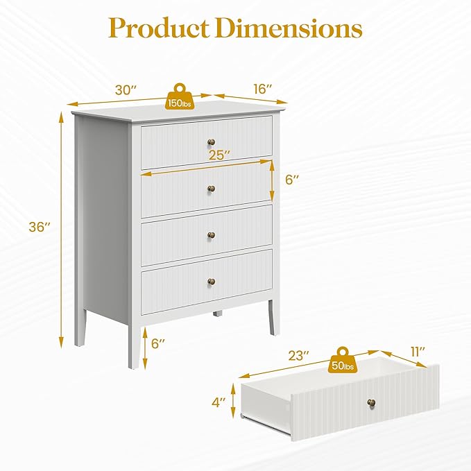 RoyalCraft White Fluted 4 Drawer Dresser Set of 2 for Bedroom, Modern Chest of Drawers, Wood Dresser for Storage Clothes, Wooden Storage Cabinet Nightstand for Bedroom, Hallway, Living Room, Entryway