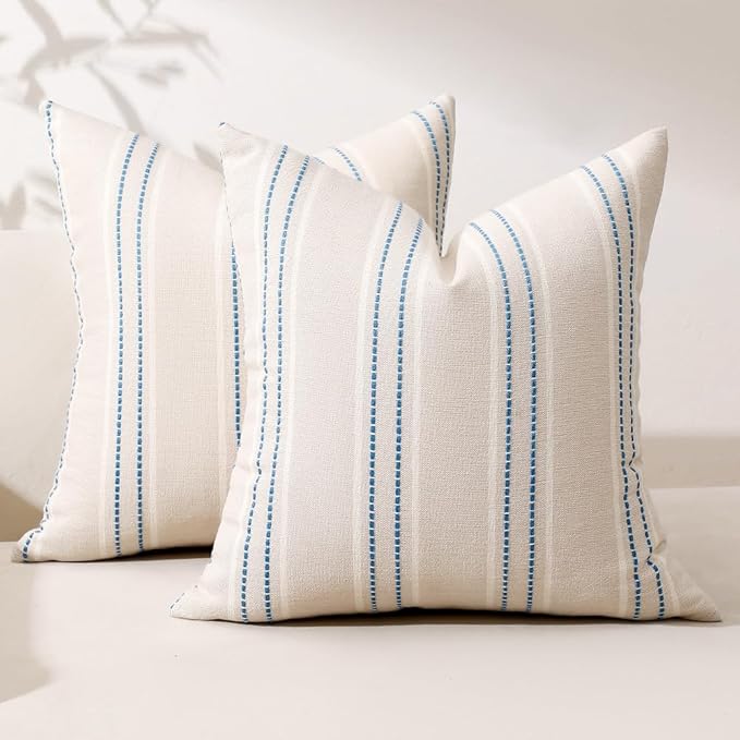 Hckot Throw Pillow Covers 24x24 Set of 2 Blue Pillow Covers Farmhouse Decorative Pillows Textured Linen Square Cushion Covers for Sofa Couch Bed Living Room Decor(Lake Blue)