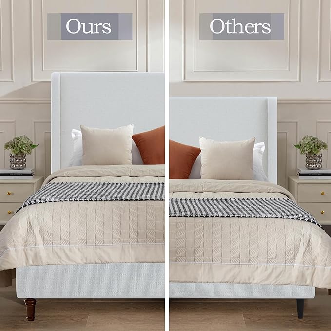 Upholstered Bed Frame King Size, 54" Tall Headboard Curved Wingback Platform Bed Frame/Elegant Boucle Bed Frame for Bedroom/ Wood Slats Support/No Box Spring Needed/Easy Assembly/Cream White Boucle