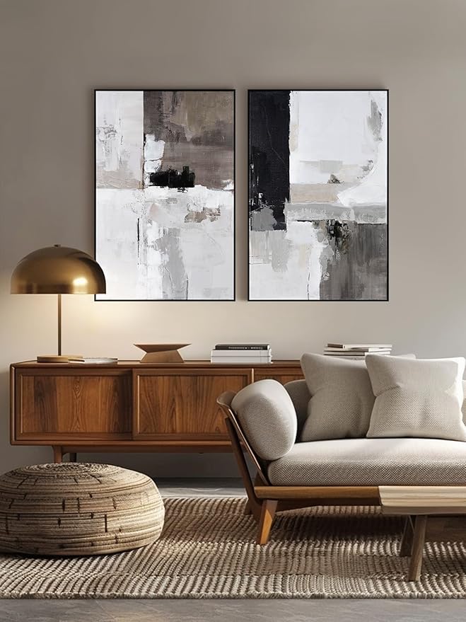 SAFERRYHOME Set of 2 Modern Grey and Black Abstract Wall Art - Framed Canvas Paintings for Living Room, Bedroom, Office Décor - 24x36 Inches Each