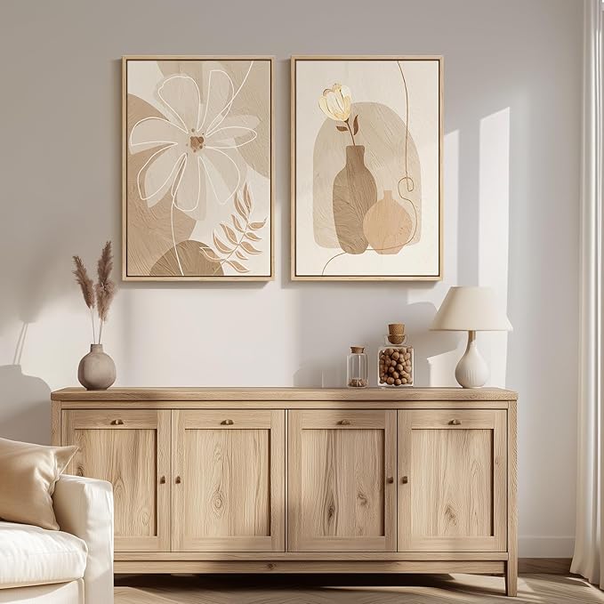 Framed Neutral Boho Floral Wall Art for Bedroom, Set of 2 Flower and Vase Beige Artwork for Walls, Bohemian Minimalist Canvas Prints for Living Room Hallway Home Office Kitchen Wall Decor, 20x30 Inch
