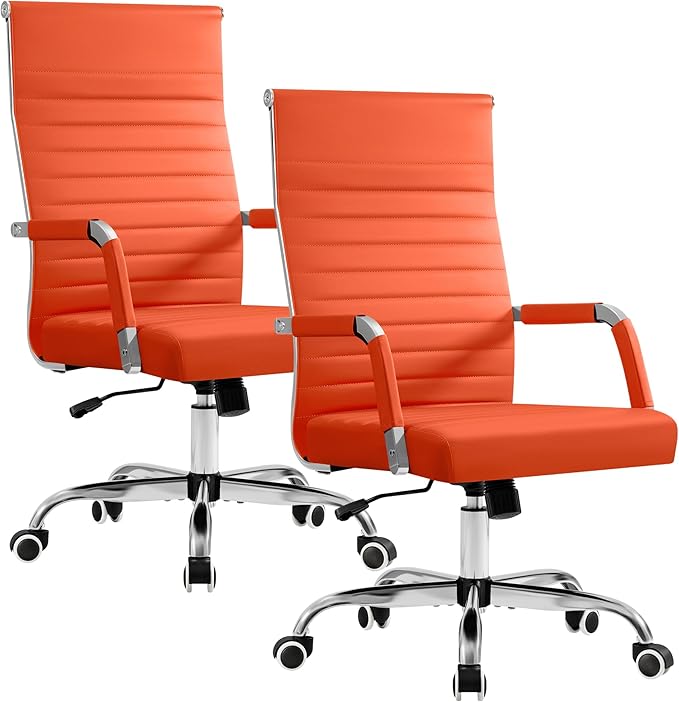 Furmax Ergonomic Office Desk Chair, Executive Ribbed Mid-Back PU Leather Conference Room Chair Adjustable Swivel Chair with Arms (2, Orange)