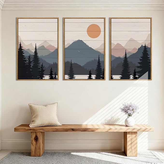 Anyzal Large Boho Mountain Framed Wall Art 16x24 Inch Abstract Lake Landscape Canvas Wall Decor Modern Forest Sunrise Artwork for Bedroom Living Room Office Set of 3