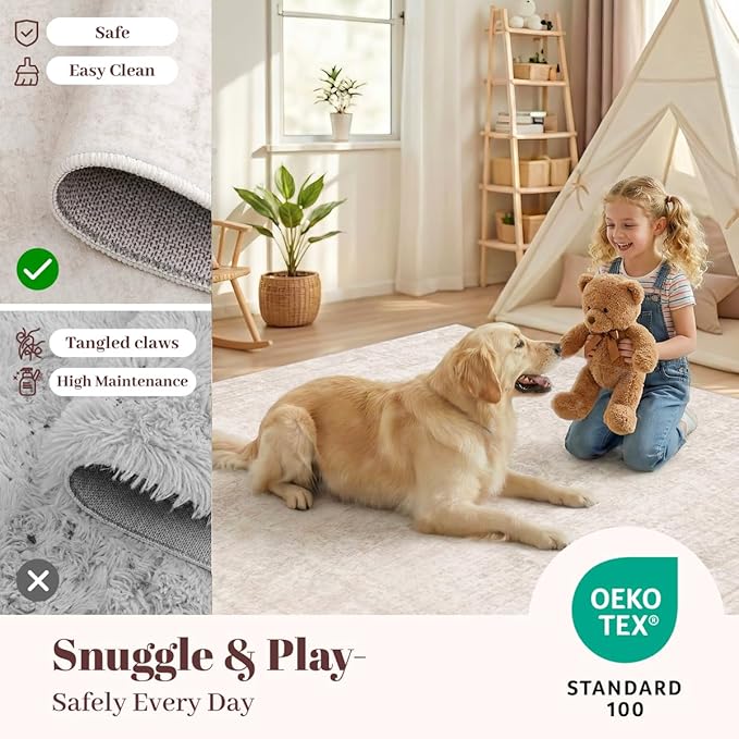 Homemate Washable Rug 8x10 Area Rugs - Vintage Faux Wool Rugs for Living Room Bedroom Dining Room - Non Slip Foldable Carpet Indoor Area Rug for Home Decor（8'x10', Grey