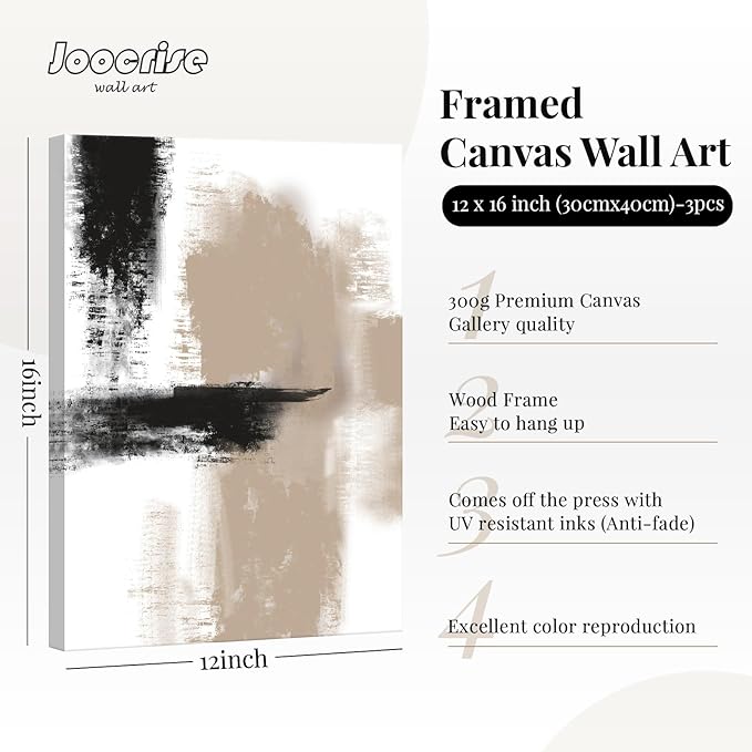 Beige Abstract Wall Art Painting Set of 3 Neutral Canvas Wall Art Prints Black Beige Modern Wall Decor Minimalist Art Pictures Abstract Modern Artwork for Room Bedroom 12x16 Inch Framed