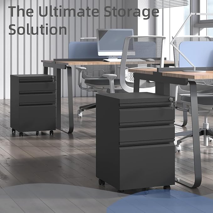 Guizeeopo Filing Cabinets for Home Office, Mobile File Cabinet with Lock, 3 Drawer Filing Cabinet for A4/Letter/Legal Size Folder, Fully Assembled Except Casters, Matte Black