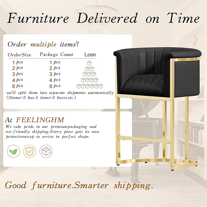 Modern Counter Height Bar Stools,Bar Stools Set of 1,PU Leather Upholstered Barrel Barstools with Backs and Arms,26'' Kitchen Island Chairs,Mirror Champagne Gold Base,Ink Black Leather