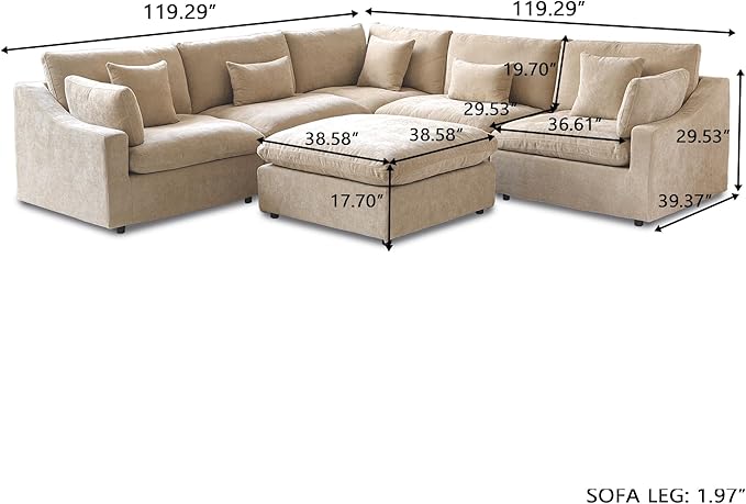 Modular Sectional Sofa Cloud Couch, Oversized 5 Seater Sofa with Ottoman, Extra Large V Shaped Deep Seat Sectional Couches for Living Room, Khaki Sofa Covers Washable&Removable