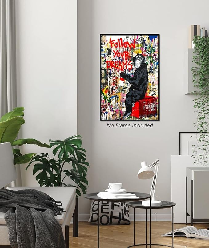 Tanmart Banksy Canvas Wall Art Monkey Follow Your Dreams Street Graffiti Wall Art Banksy Prints Gorilla Poster Monkey Artwork Graffiti Pictures Painting for Home Living Room Decor 16x24 Inch Unframed