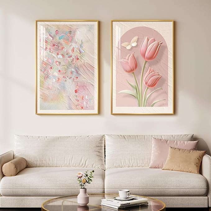 Framed Boho Floral Pink Wall Art for Bedroom, Set of 2 Tulip Flower Abstract Canvas Artwork for Walls, Modern Romantic Botanical Paintings Prints for Living Room Office Hallway Wall Decor, 20x30 Inch