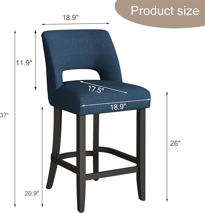 VKNOW Bar Stools Set of 2, Modern Counter Height Bar Stools, 26" Upholstered Counter Stools with Black Wood Legs for Kitchen Island Dining Room Bar, Blue-Black Legs