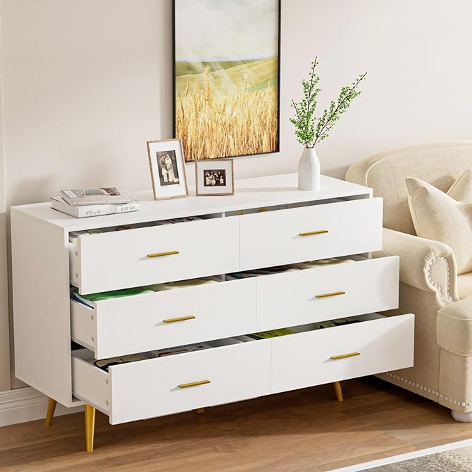 CARPETNAL White Dresser for Bedroom, 6 Drawer Dresser with Wide Drawers and Gold Metal Handles, Wood Dressers & Chest of Hallway, Entryway.