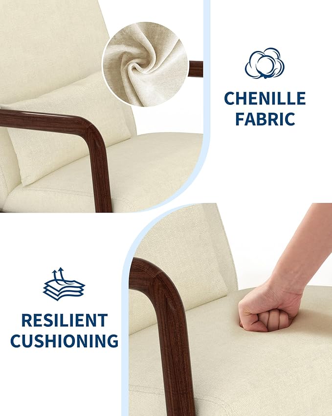 Garvee Mid-Century Chenille Accent Chair, Cozy Reading Chair, Modern Lounge Armchair with Lumbar Pillow, Solid Wood Frame, for Living Room, Bedroom, Office, Beige
