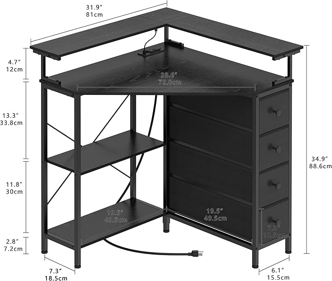 VENNQD Corner Desk with Drawers Shelves for Small Space 90 Degrees Triangle Computer Desk with Power Outlets,Gaming Desk with LED Lights Monitor Stand for Home Office Workstation Writing Table (Black)
