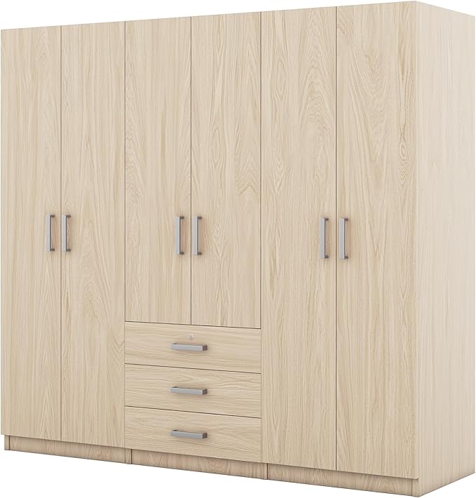 6 Door Armoire Wardrobe Closet with Big 3 Drawers, Wooden Freestanding Bathroom Armoire Cabinet with Shelves and Hanging Rod, Clothes Storage Organizer for Bedroom, Guest Room (Brown)