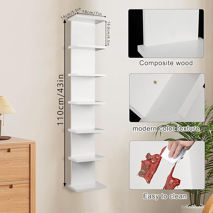 2 Pack 7 Tier Wall Shelf Unit - 43" Lack Floating Shelf, Compact Display Floating Shelf, Vertical Column Wall Decor Mount Floating Storage Organizer Tall Tower Shelf for Bedrooms, Living Rooms