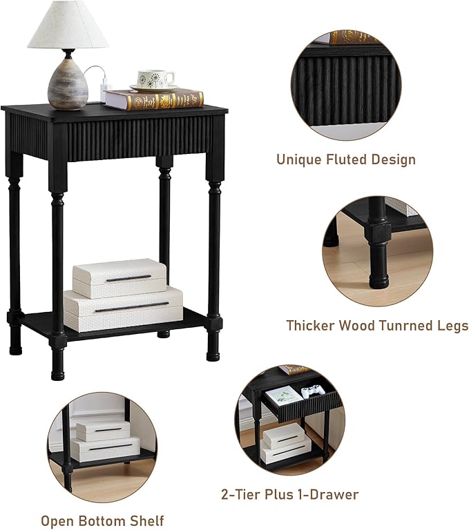 Night Stand Set of 2,Fluted Nightstand with Charging Station, 23.6” Large Bed Side Table End Table with Drawer, Modern Mid Century Wooden Night Stands Bedside for Bedroom Living Room Sofa Office,Black